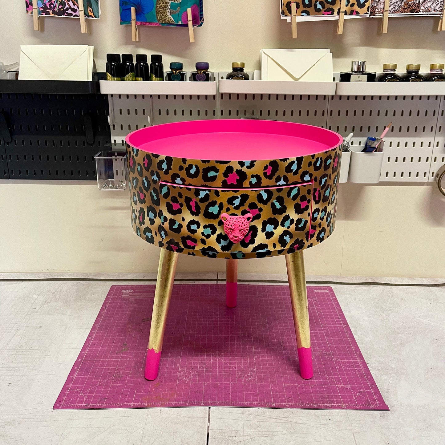 Leopard Print - Gold Hot Pink Magenta leopard round bedside table . Fun Bright Home Decor . Ideal for Nightstand or side table. Cheetah Print gold leaf design