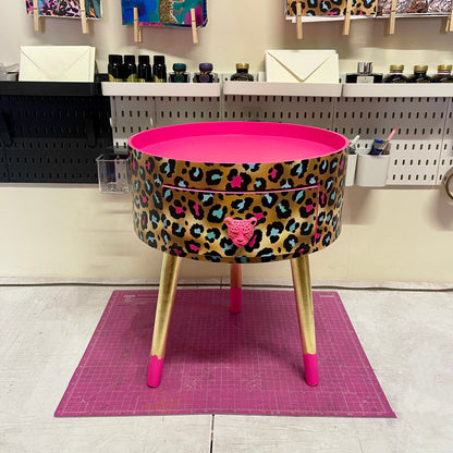 Leopard Print - Gold Hot Pink Magenta leopard round bedside table . Fun Bright Home Decor . Ideal for Nightstand or side table. Cheetah Print gold leaf design