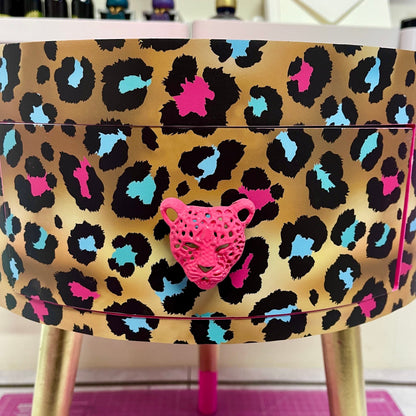 Leopard Print - Gold Hot Pink Magenta leopard round bedside table . Fun Bright Home Decor . Ideal for Nightstand or side table. Cheetah Print gold leaf design