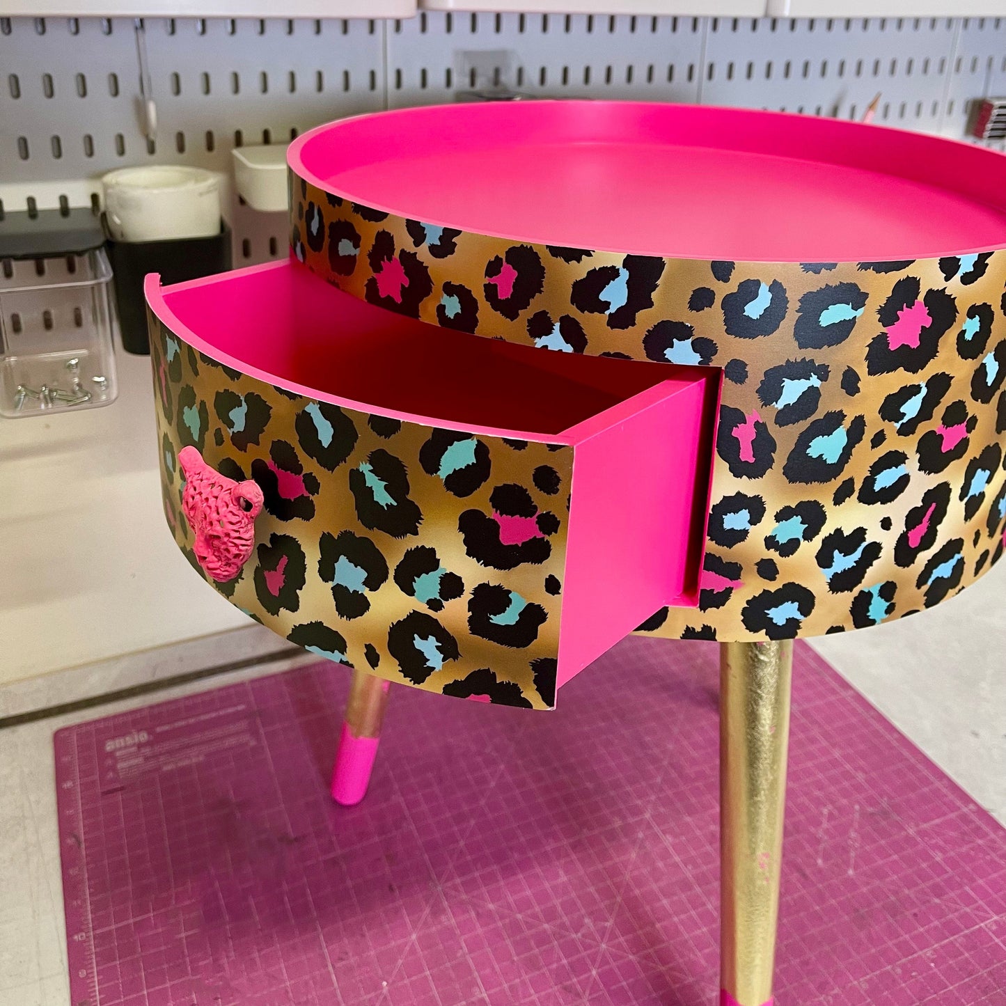 Leopard Print - Gold Hot Pink Magenta leopard round bedside table . Fun Bright Home Decor . Ideal for Nightstand or side table. Cheetah Print gold leaf design