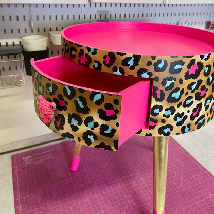 Leopard Print - Gold Hot Pink Magenta leopard round bedside table . Fun Bright Home Decor . Ideal for Nightstand or side table. Cheetah Print gold leaf design