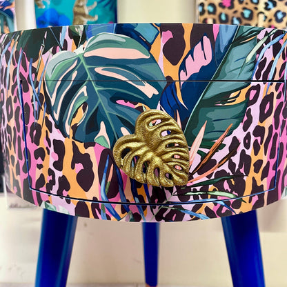 Leopard with Palm - Cobalt blue, pink and orange side table. Leopard print design with leaf design. Personalised round nightstand and side table.