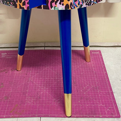 Leopard with Palm - Cobalt blue, pink and orange side table. Leopard print design with leaf design. Personalised round nightstand and side table.