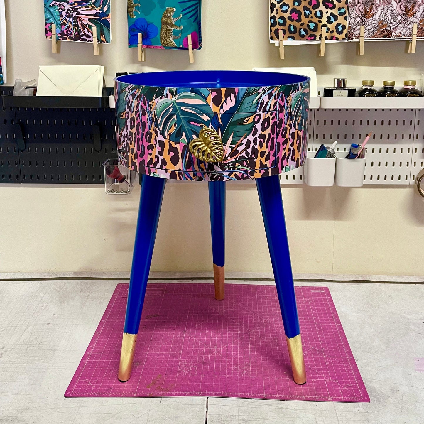 Leopard with Palm - Cobalt blue, pink and orange side table. Leopard print design with leaf design. Personalised round nightstand and side table.