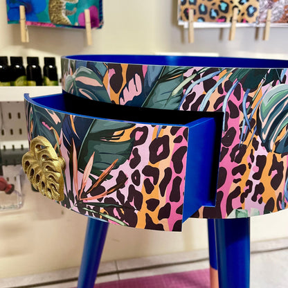 Leopard with Palm - Cobalt blue, pink and orange side table. Leopard print design with leaf design. Personalised round nightstand and side table.