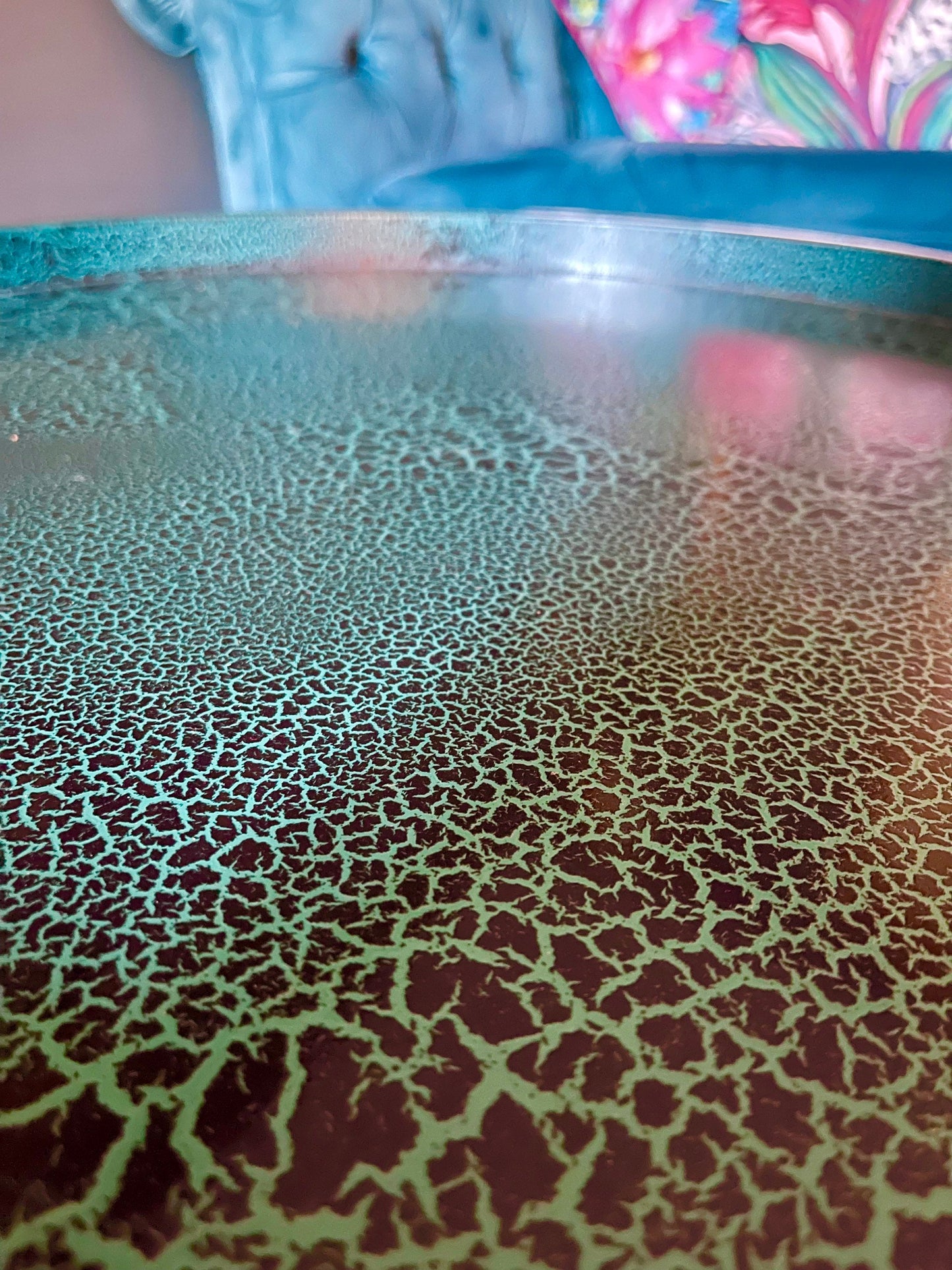 Round coffee table , tropical green pink and orange leopard print , Animal and floral print.  Round table, lift off top for storage