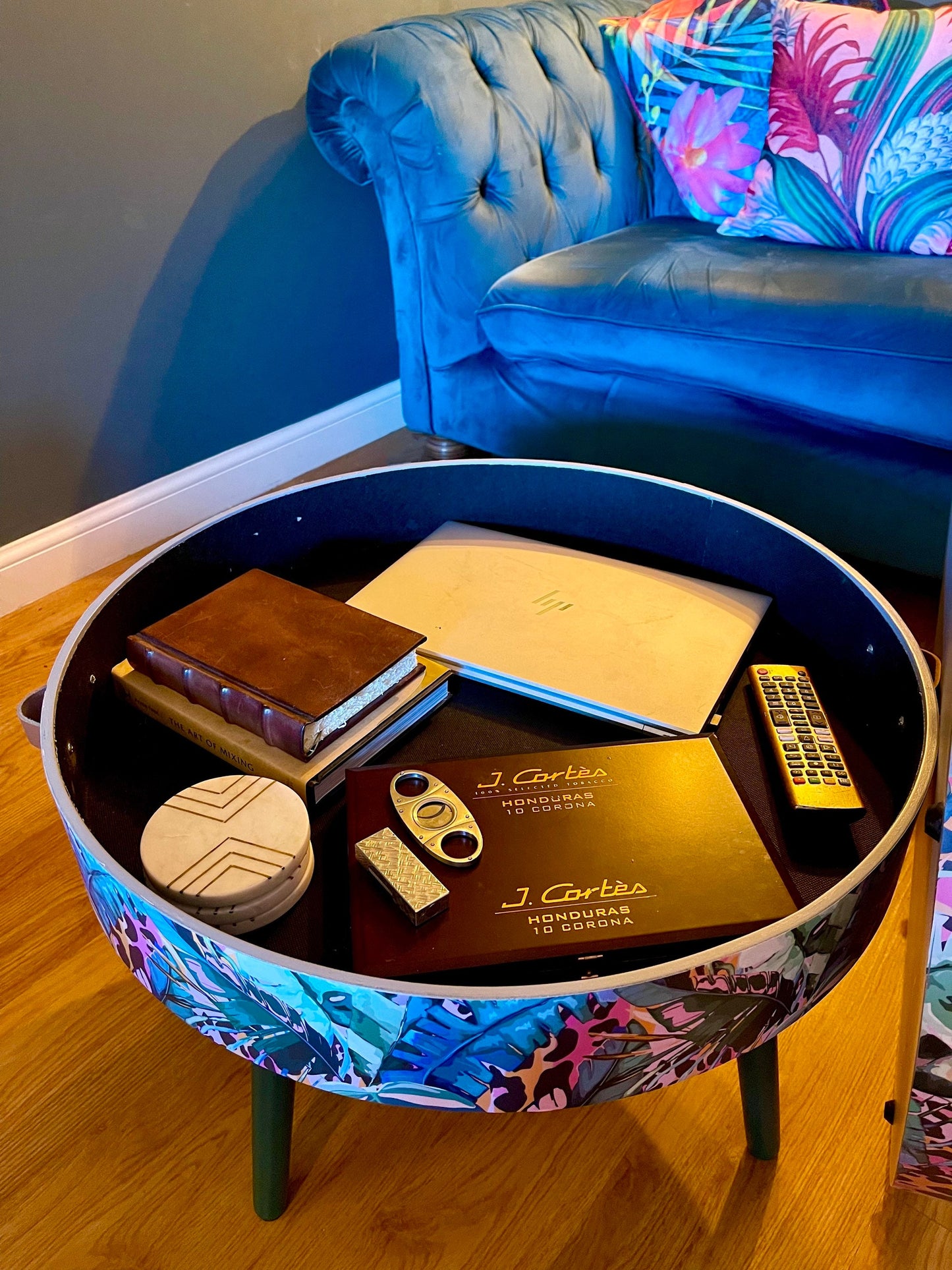 Round coffee table , tropical green pink and orange leopard print , Animal and floral print.  Round table, lift off top for storage