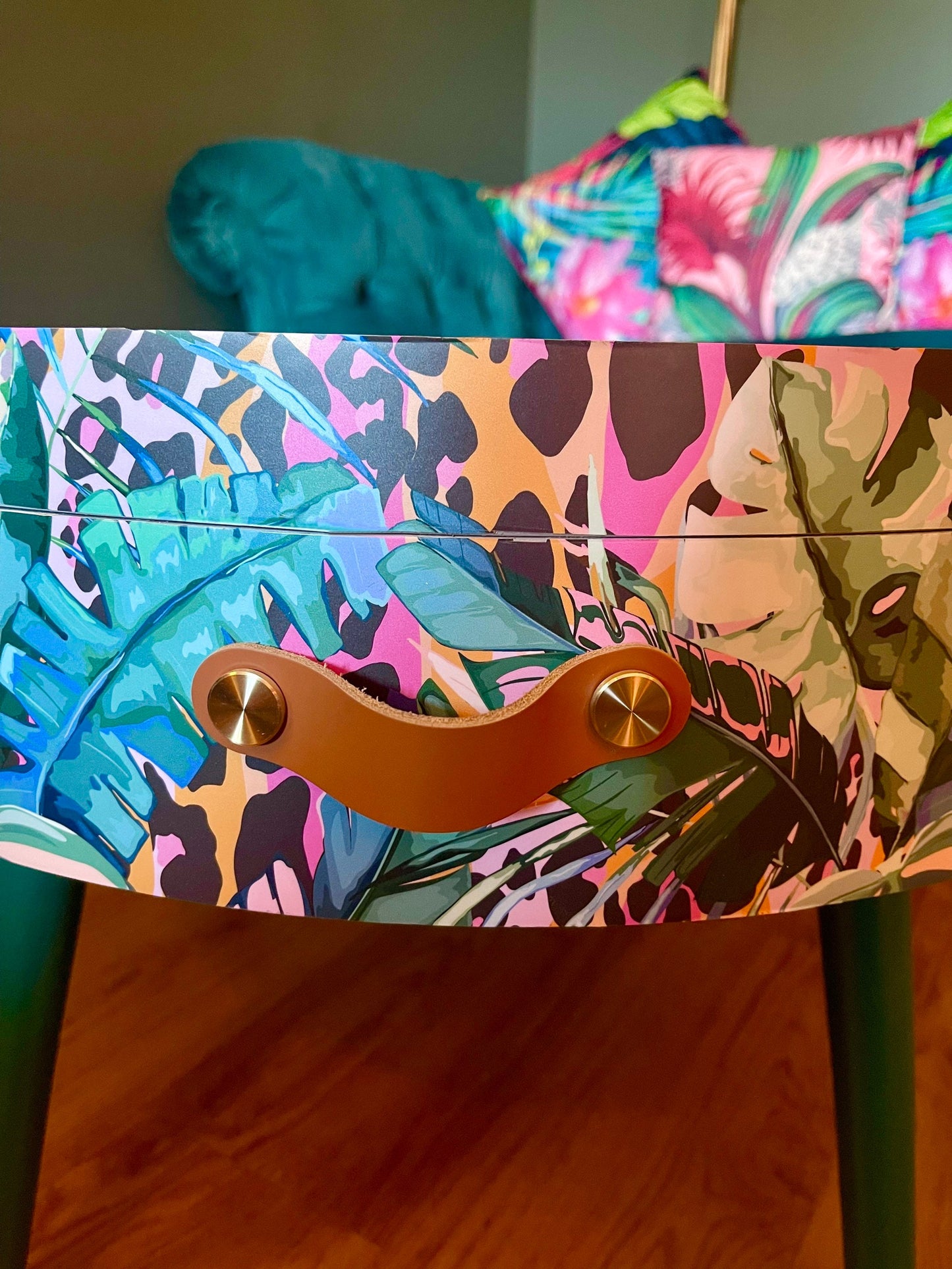 Round coffee table , tropical green pink and orange leopard print , Animal and floral print.  Round table, lift off top for storage