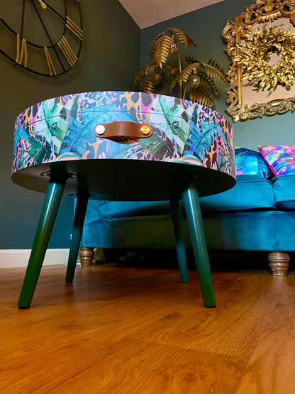 Round coffee table , tropical green pink and orange leopard print , Animal and floral print.  Round table, lift off top for storage