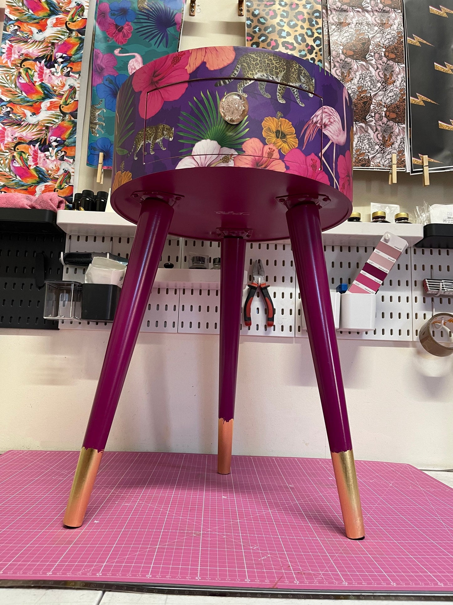 Flocking Fab - Purple side table. Round wooden table with drawer in purple yellow and pink tropical design. Personalised nightstand and side table.