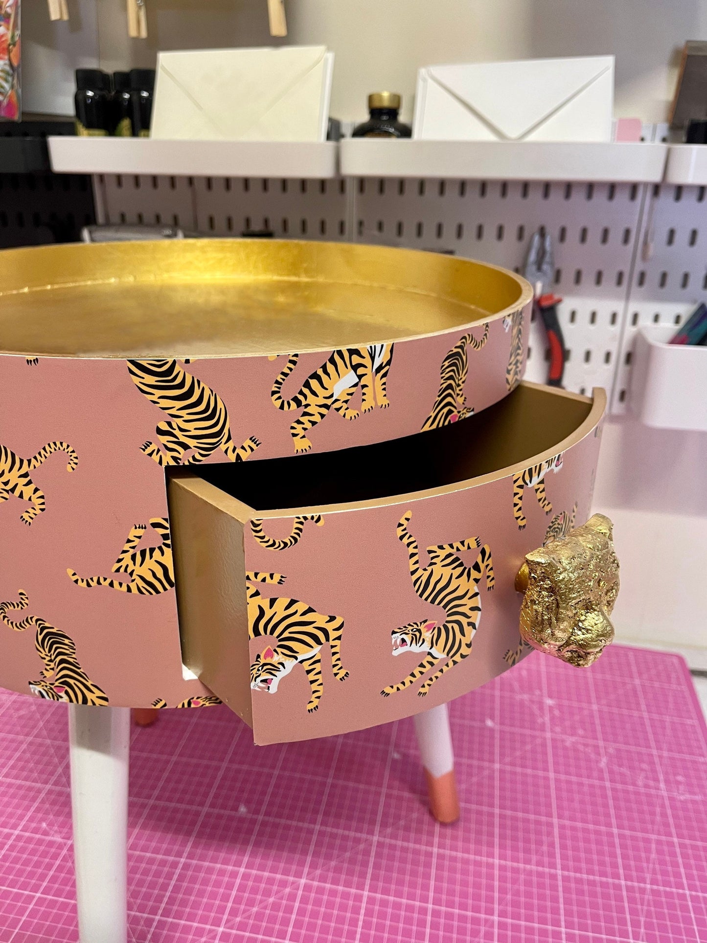 Tiger Table - Tan,  round bedside table . Coffee coloured and white nightstand or side table. Imitation Gold leaf top