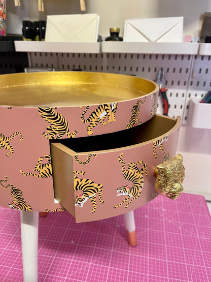Tiger Table - Tan,  round bedside table . Coffee coloured and white nightstand or side table. Imitation Gold leaf top