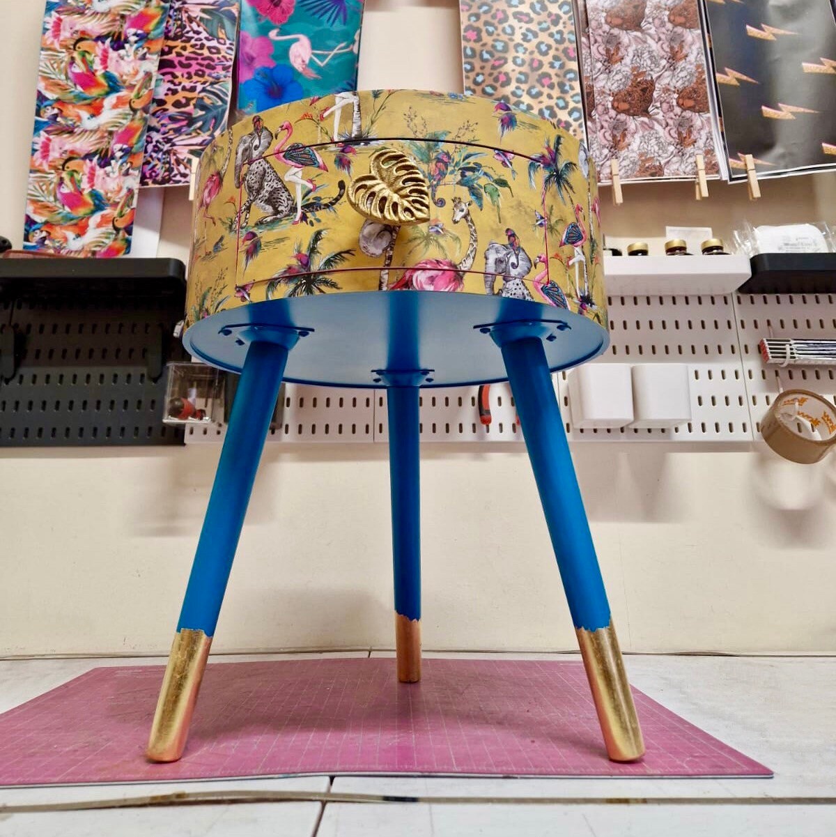 Round Hot Pink Nightstand with drawer, yellow animal print bedside table, turquoise legs, flamingo and elephant design, eclectic side table