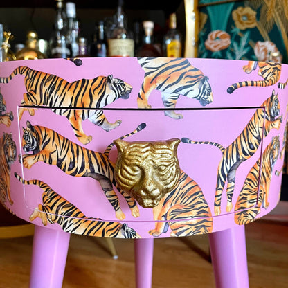 Tiger Table - Light Pink with Glitter bedside table.  Fun Bright Home Decor . Ideal Nightstand or side table. taller legs
