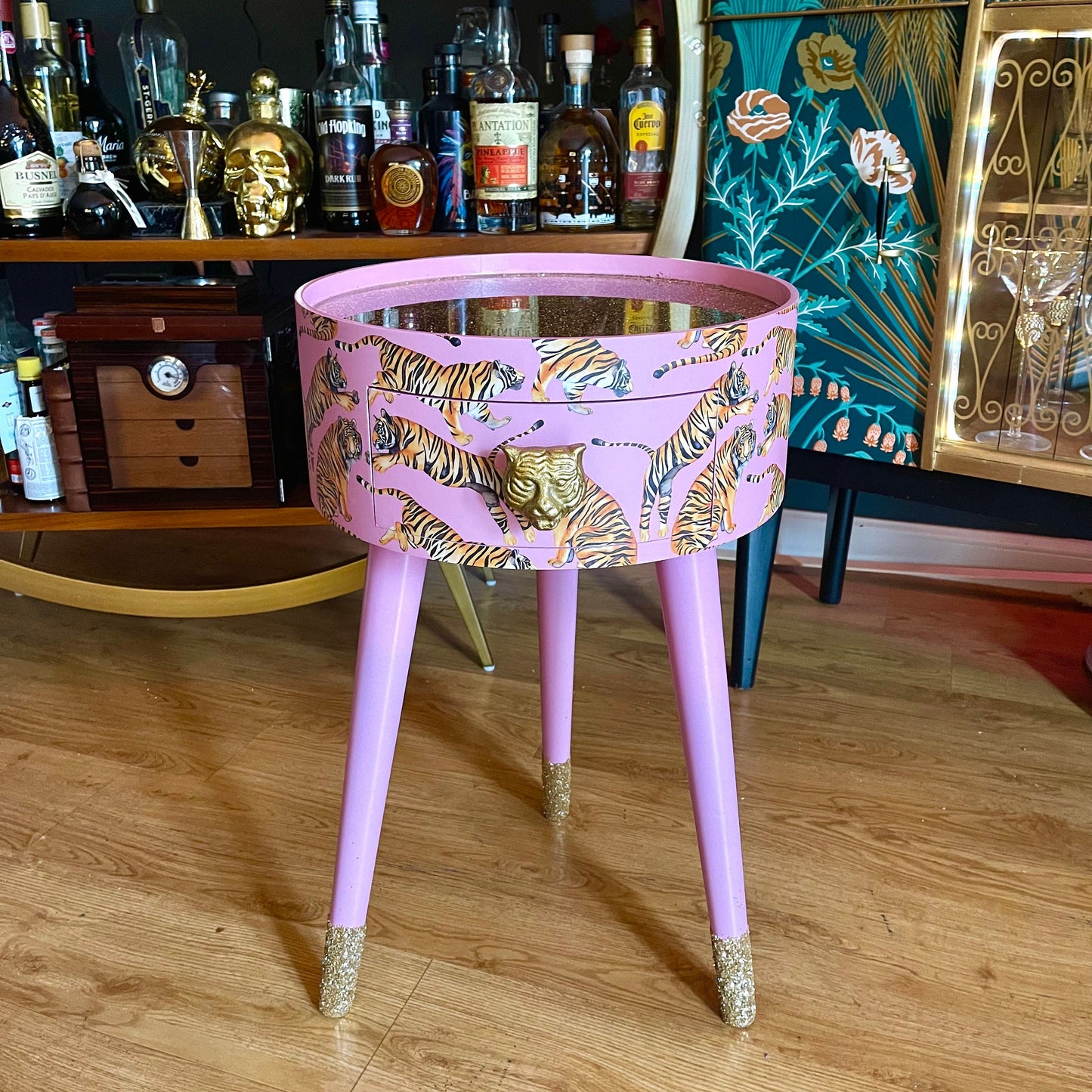 Tiger Table - Light Pink with Glitter bedside table.  Fun Bright Home Decor . Ideal Nightstand or side table. taller legs