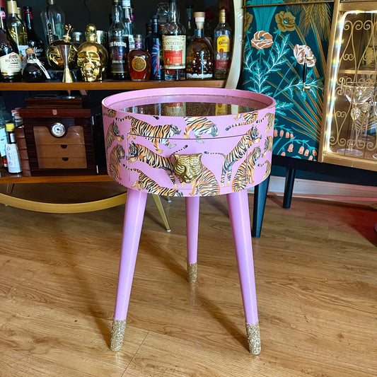 Tiger Table - Light Pink with Glitter bedside table.  Fun Bright Home Decor . Ideal Nightstand or side table. taller legs