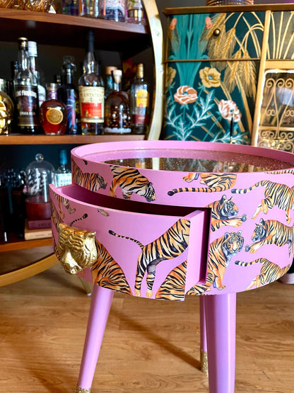 Tiger Table - Light Pink with Glitter bedside table.  Fun Bright Home Decor . Ideal Nightstand or side table. taller legs