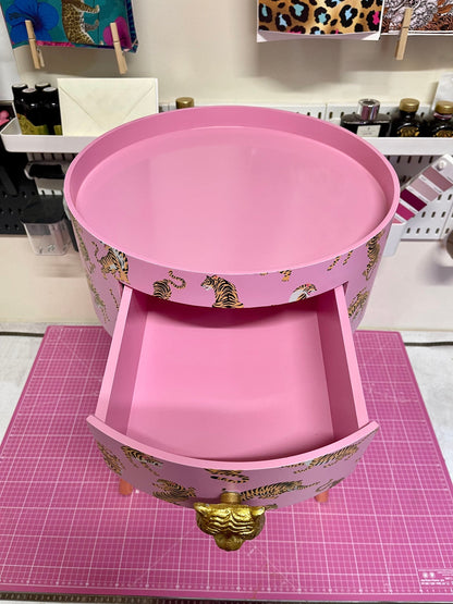 Tiger Table - Light Pink round bedside table . Fun Bright Home Decor . Ideal for Nightstand or side table. Comes with inbuilt drawer