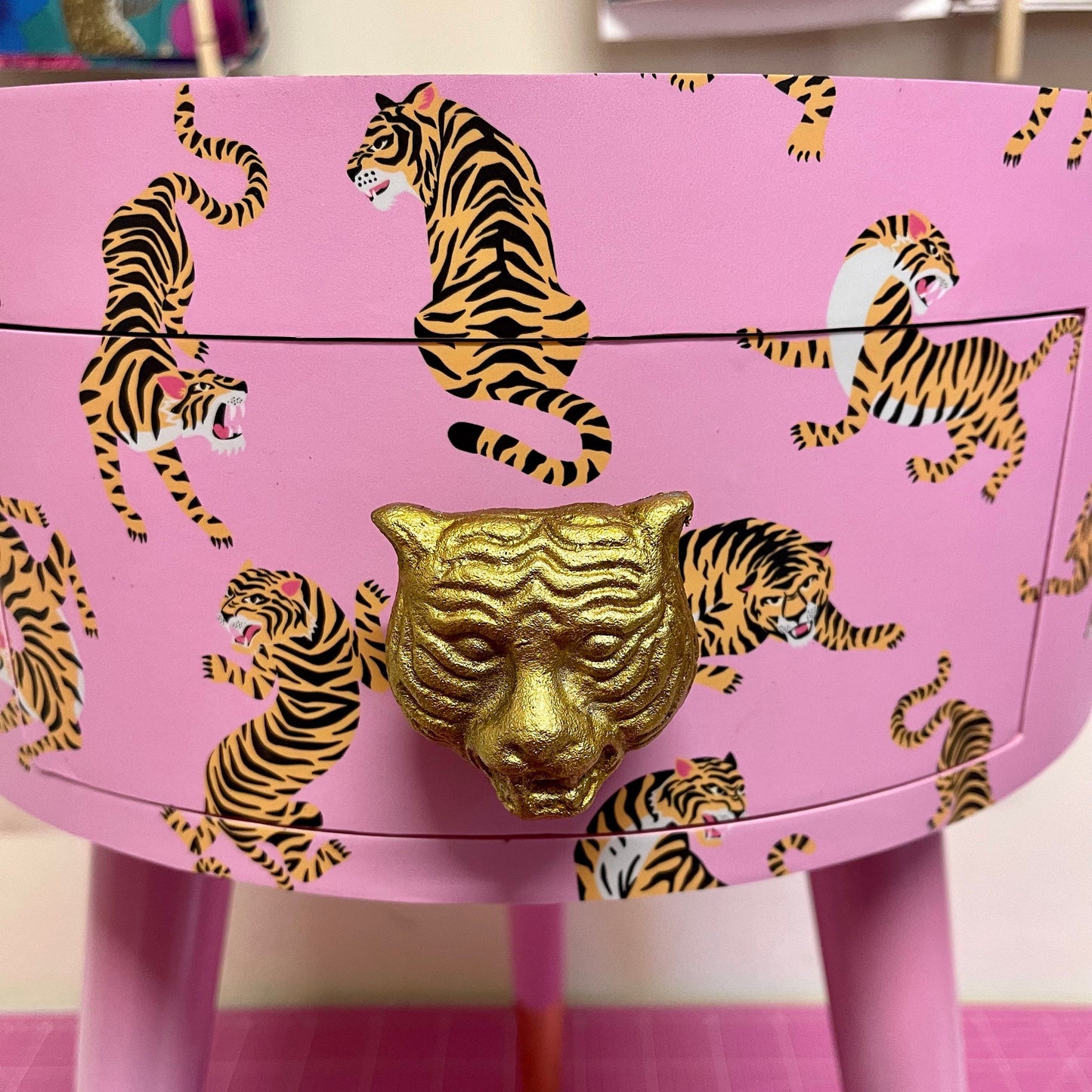 Tiger Table - Light Pink round bedside table . Fun Bright Home Decor . Ideal for Nightstand or side table. Comes with inbuilt drawer