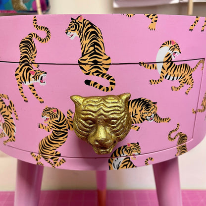 Tiger Table - Light Pink round bedside table . Fun Bright Home Decor . Ideal for Nightstand or side table. Comes with inbuilt drawer