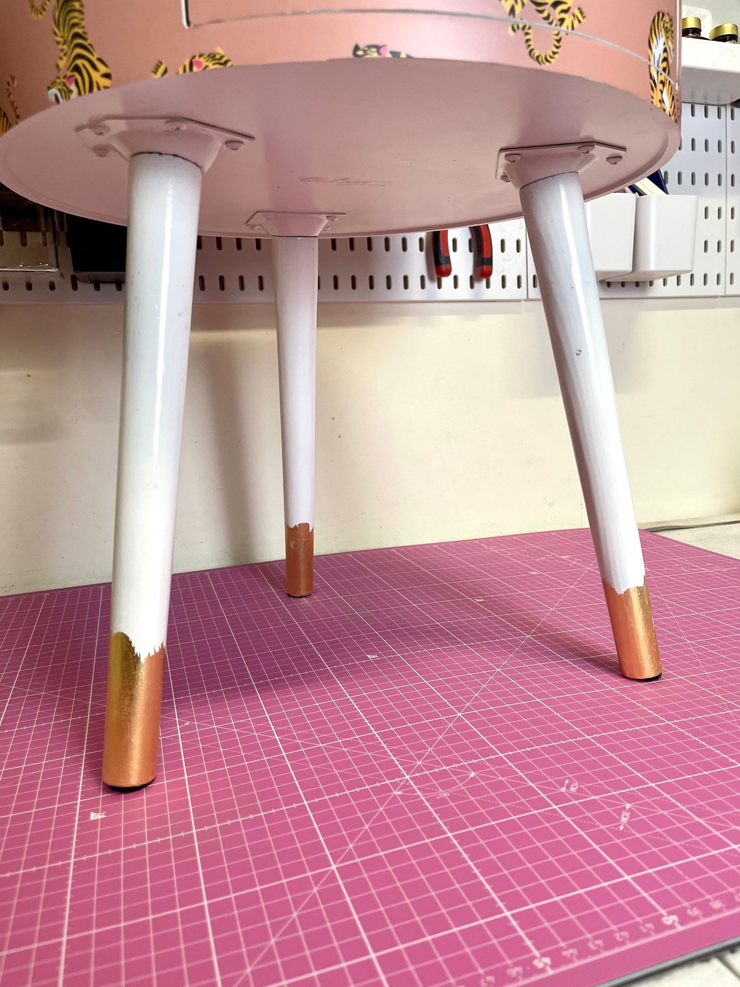 Tiger Table - Tan,  round bedside table . Coffee coloured and white nightstand or side table. Imitation Gold leaf top