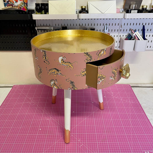 Tiger Table - Tan,  round bedside table . Coffee coloured and white nightstand or side table. Imitation Gold leaf top