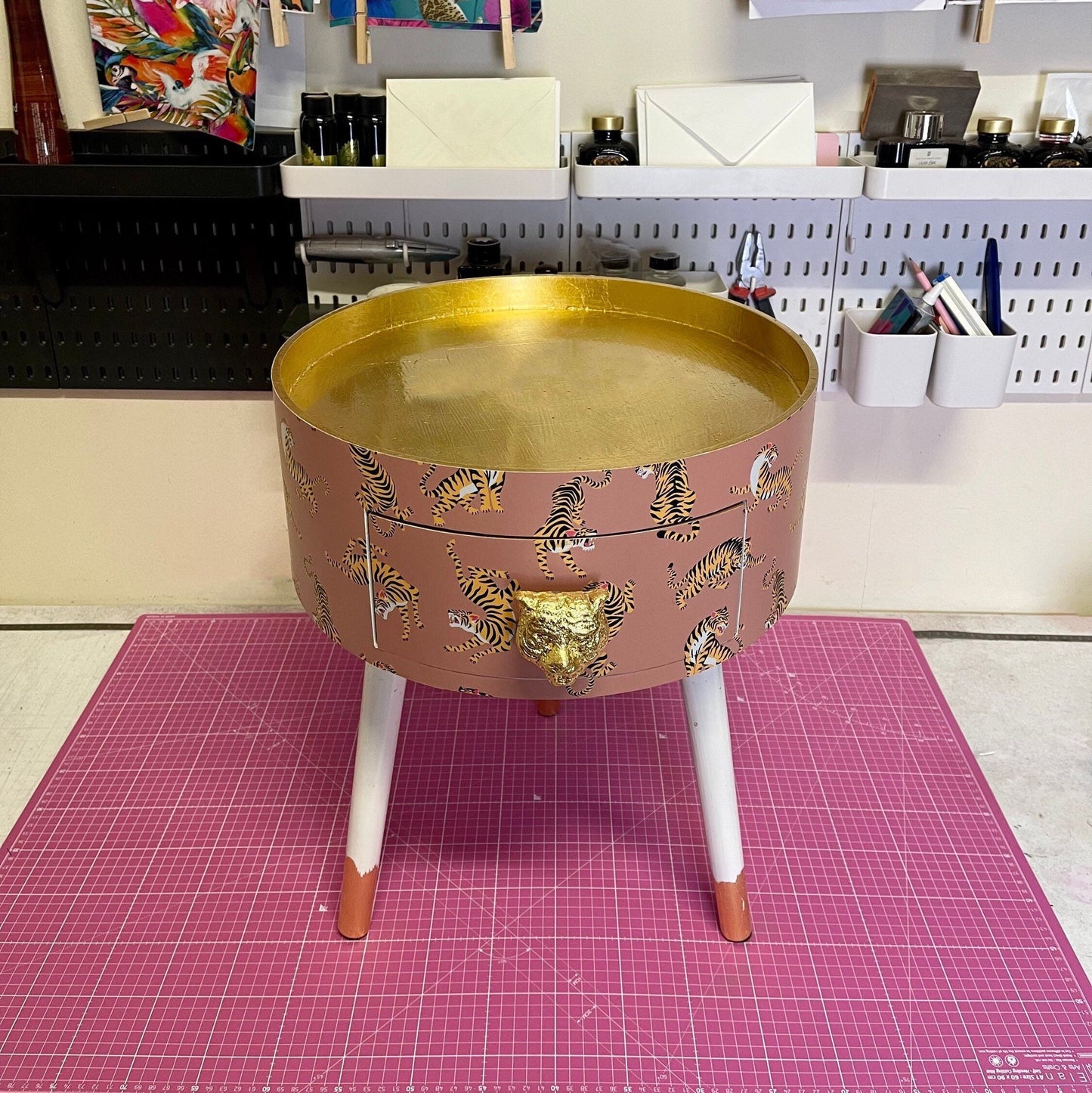 Tiger Table - Tan,  round bedside table . Coffee coloured and white nightstand or side table. Imitation Gold leaf top