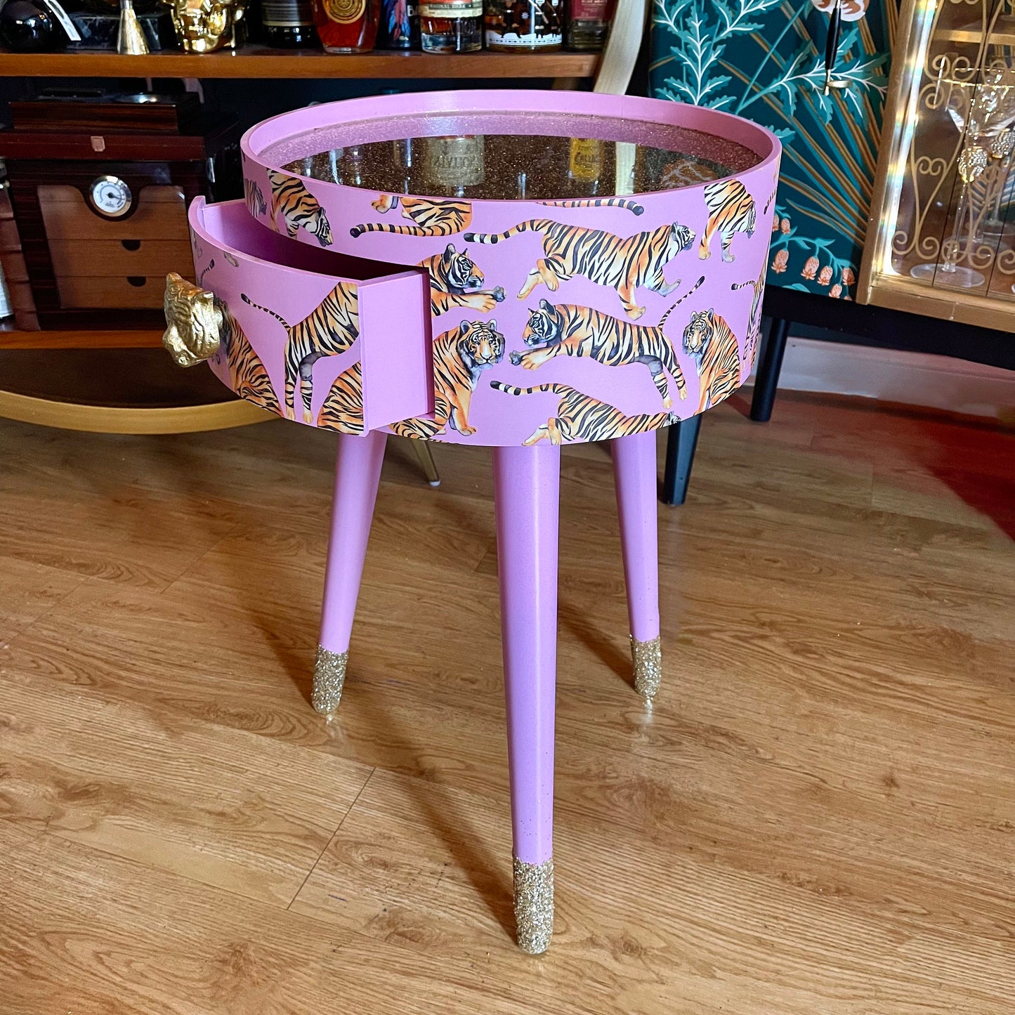Tiger Table - Light Pink with Glitter bedside table.  Fun Bright Home Decor . Ideal Nightstand or side table. taller legs