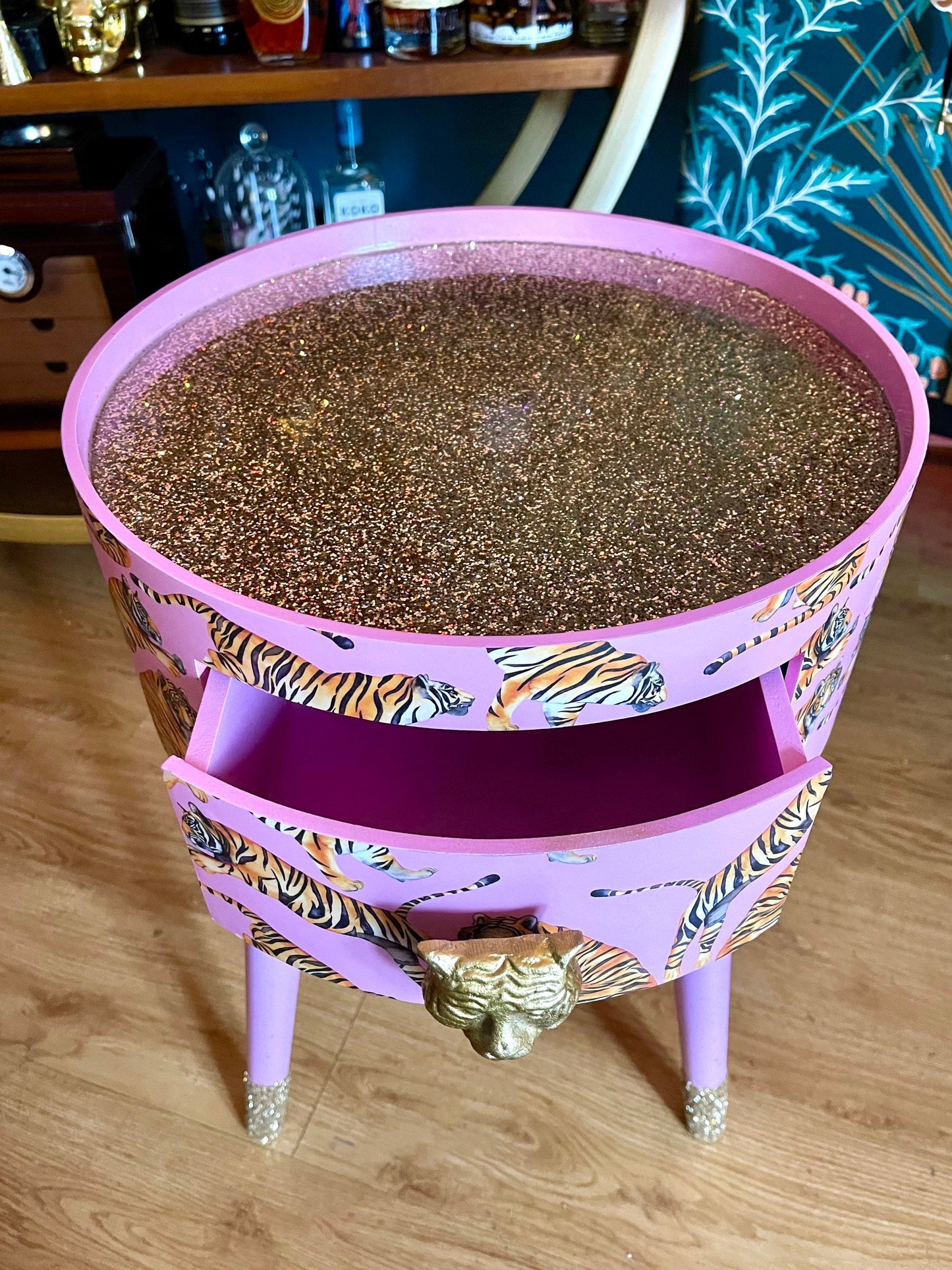 Tiger Table - Light Pink with Glitter bedside table.  Fun Bright Home Decor . Ideal Nightstand or side table. taller legs