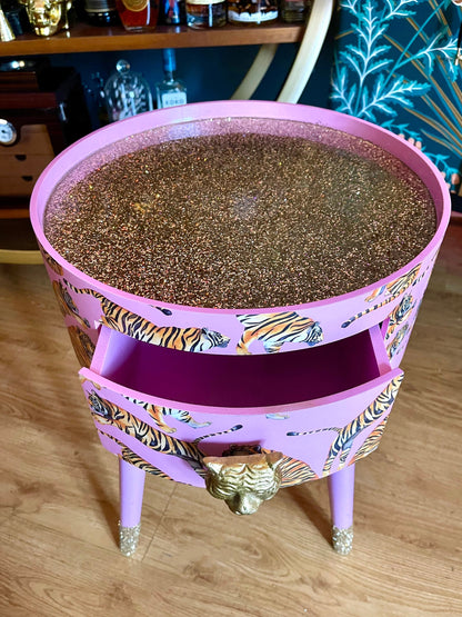 Tiger Table - Light Pink with Glitter bedside table.  Fun Bright Home Decor . Ideal Nightstand or side table. taller legs