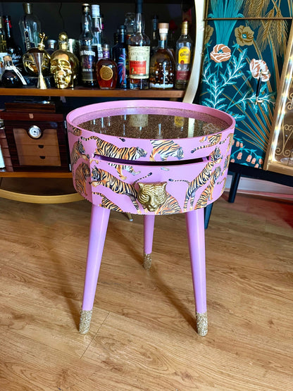Tiger Table - Light Pink with Glitter bedside table.  Fun Bright Home Decor . Ideal Nightstand or side table. taller legs