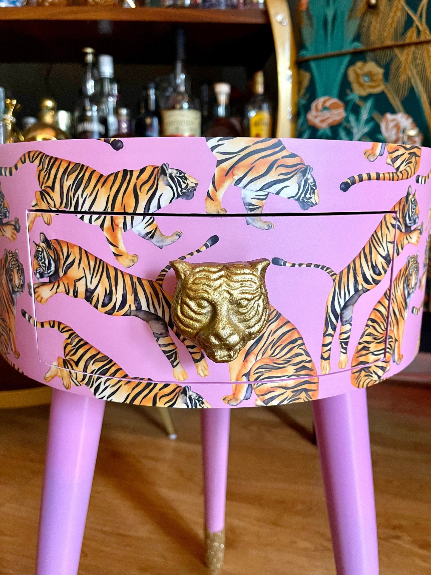 Tiger Table - Light Pink round bedside table . Fun Bright Home Decor . Ideal for Nightstand or side table. Taller legs