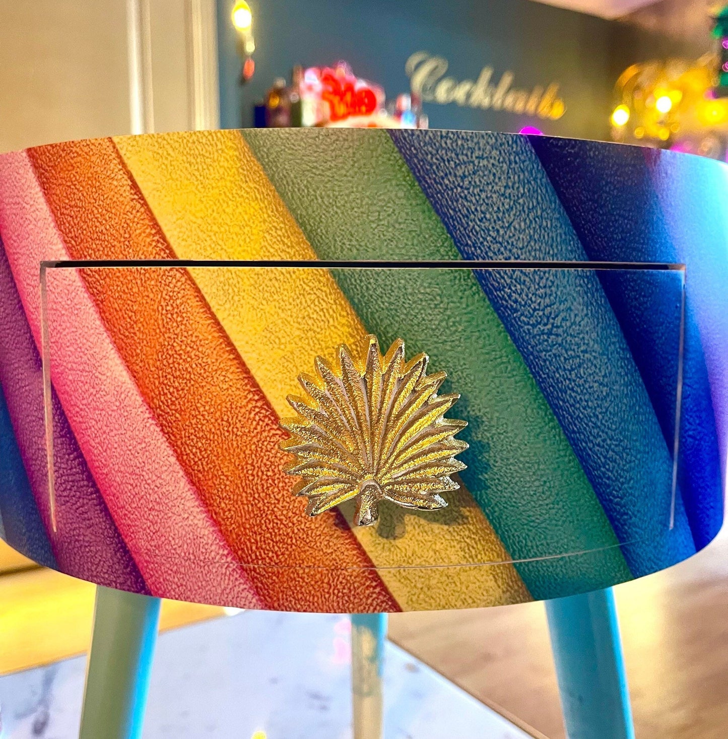 Rainbow stripe side table, Kensington multicoloured round  side table . Multicoloured nightstand, gold leaf bedside table. Mint green legs