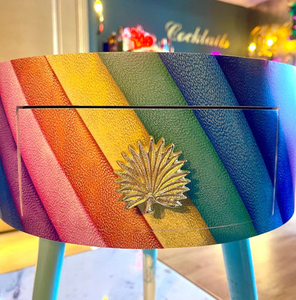 Rainbow stripe side table, Kensington multicoloured round  side table . Multicoloured nightstand, gold leaf bedside table. Mint green legs