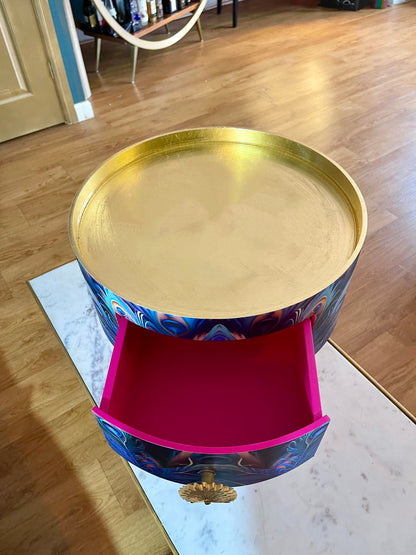 Peacock - Hot Pink , blue, green and teal jewel colours, opulent nightstand, hot pink and navy bedside table, round small table