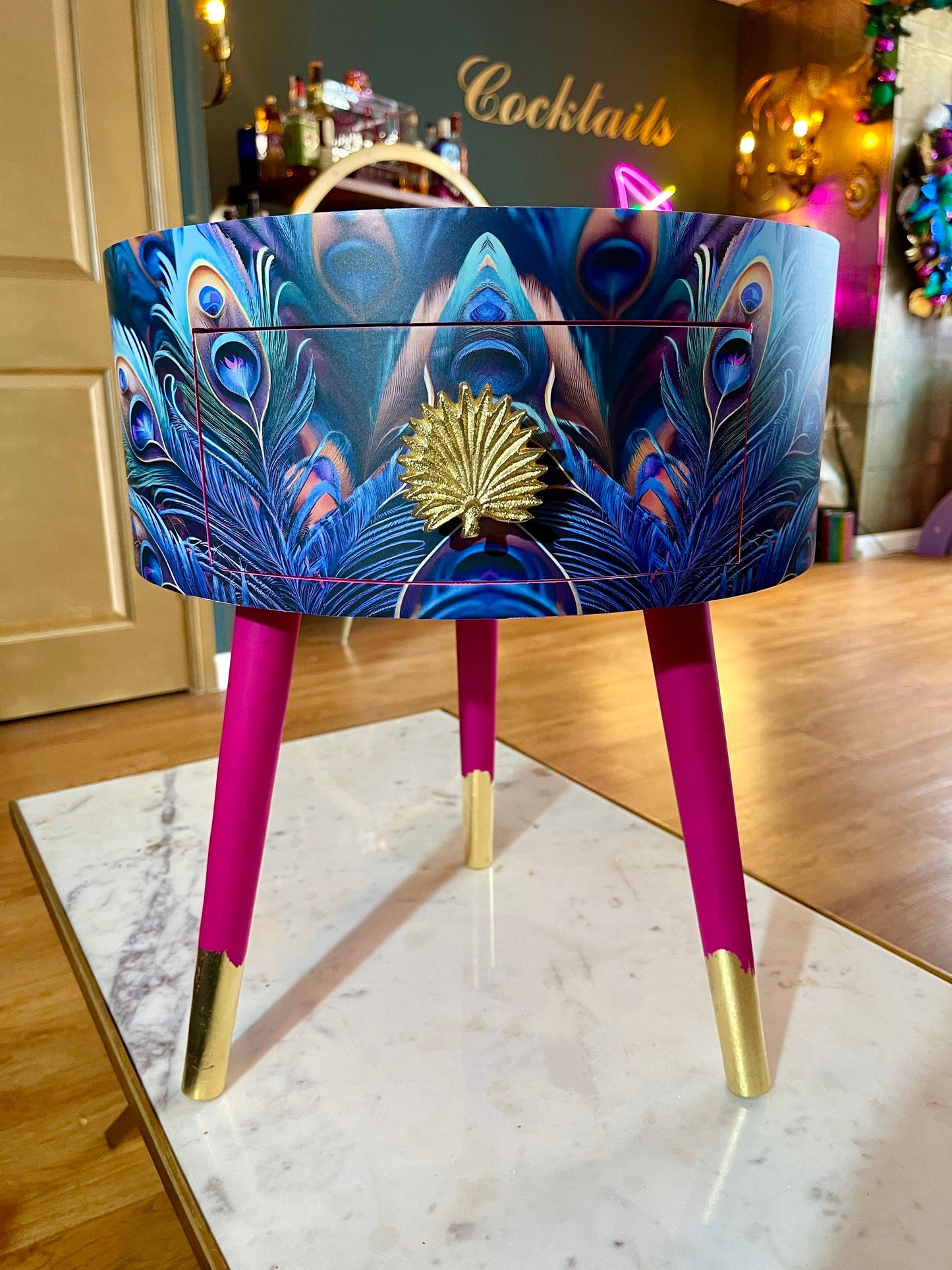 Peacock - Hot Pink , blue, green and teal jewel colours, opulent nightstand, hot pink and navy bedside table, round small table