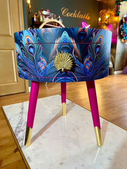 Peacock - Hot Pink , blue, green and teal jewel colours, opulent nightstand, hot pink and navy bedside table, round small table