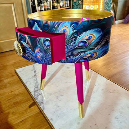 Peacock - Hot Pink , blue, green and teal jewel colours, opulent nightstand, hot pink and navy bedside table, round small table