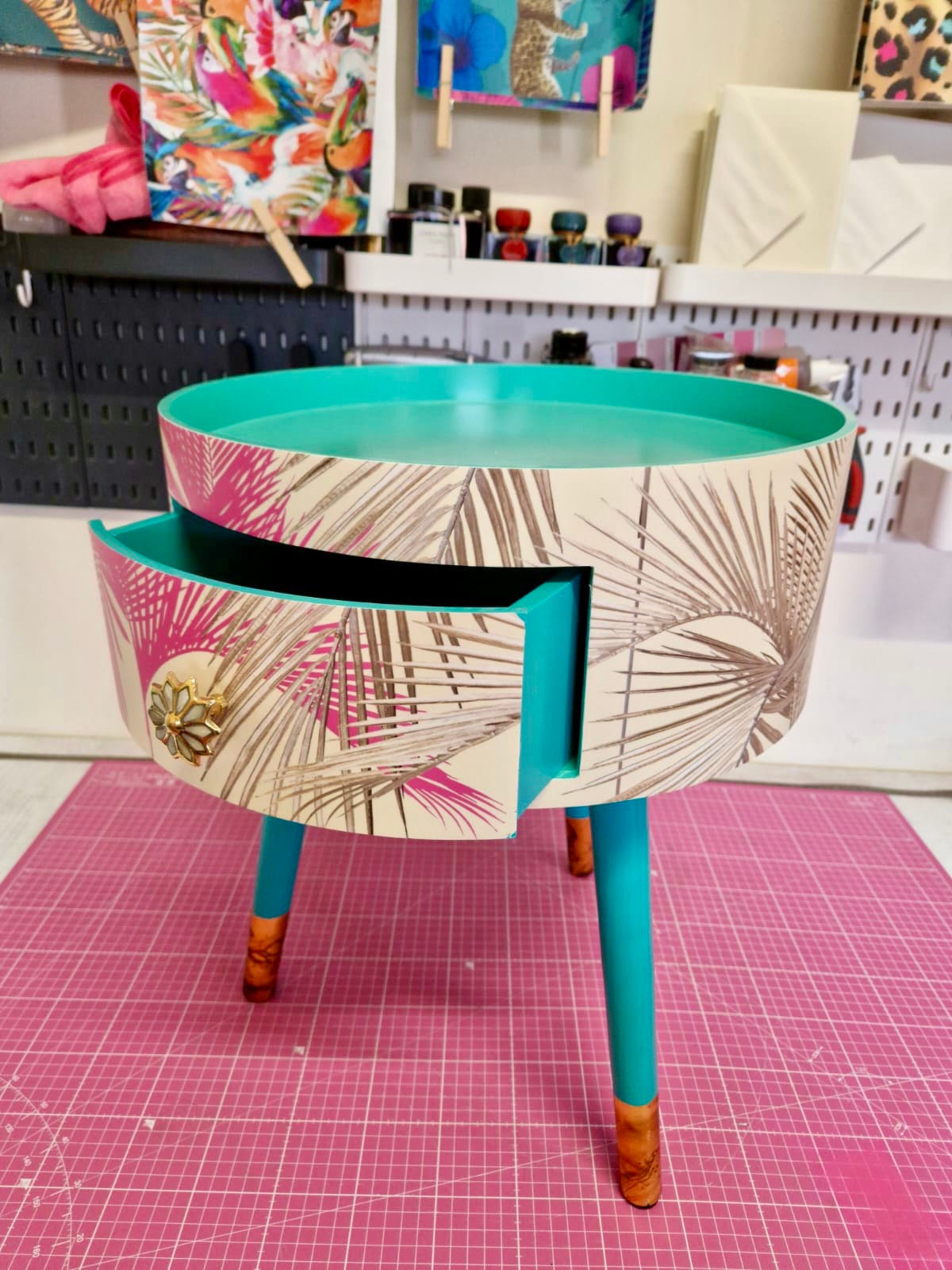 Palm Leaf - Cream, Pink and Mint green bedside table. Palm leaf design nightstand,real metallic swirl leaf legs, ornate bronze and marble effect handle