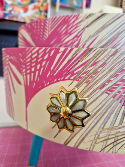 Palm Leaf - Cream, Pink and Mint green bedside table. Palm leaf design nightstand,real metallic swirl leaf legs, ornate bronze and marble effect handle