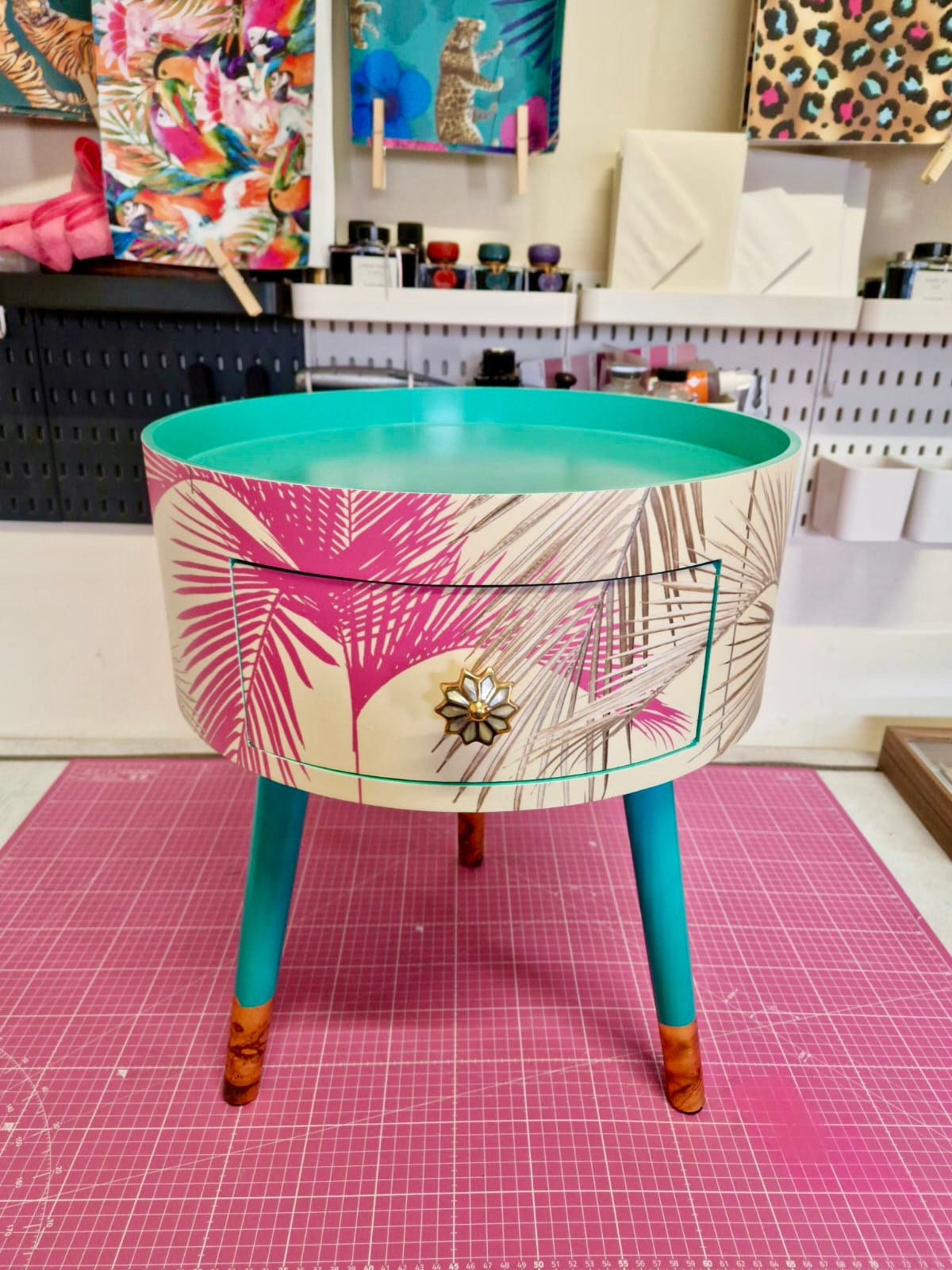 Palm Leaf - Cream, Pink and Mint green bedside table. Palm leaf design nightstand,real metallic swirl leaf legs, ornate bronze and marble effect handle