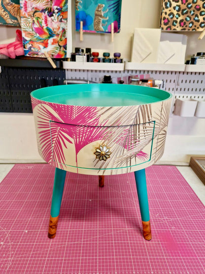 Palm Leaf - Cream, Pink and Mint green bedside table. Palm leaf design nightstand,real metallic swirl leaf legs, ornate bronze and marble effect handle