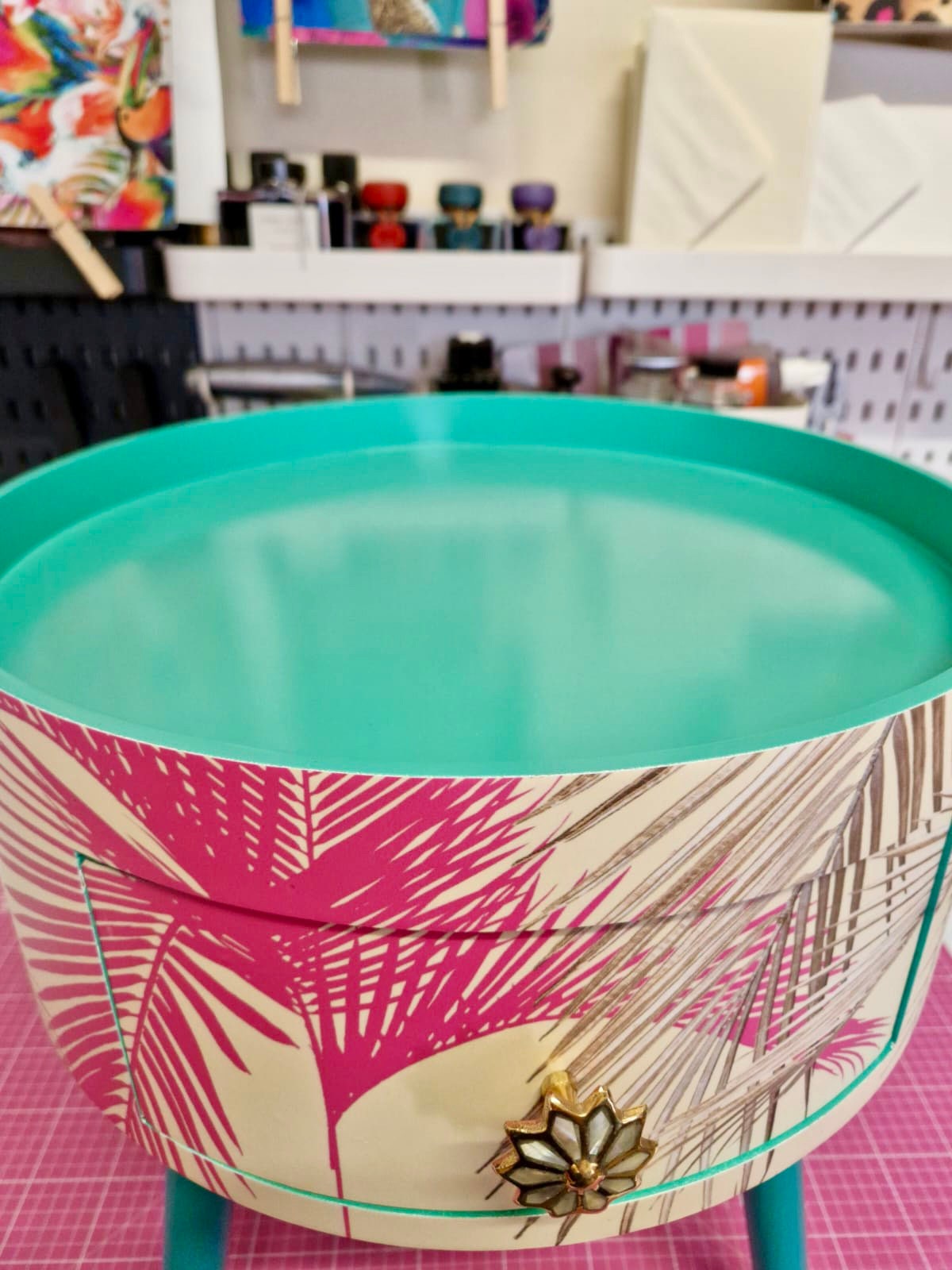 Palm Leaf - Cream, Pink and Mint green bedside table. Palm leaf design nightstand,real metallic swirl leaf legs, ornate bronze and marble effect handle