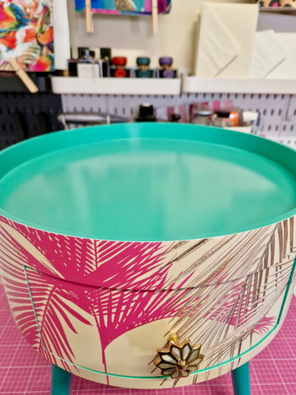 Palm Leaf - Cream, Pink and Mint green bedside table. Palm leaf design nightstand,real metallic swirl leaf legs, ornate bronze and marble effect handle