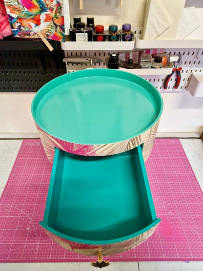 Palm Leaf - Cream, Pink and Mint green bedside table. Palm leaf design nightstand,real metallic swirl leaf legs, ornate bronze and marble effect handle