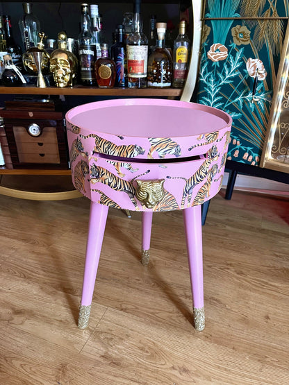 Tiger Table - Light Pink round bedside table . Fun Bright Home Decor . Ideal for Nightstand or side table. Taller legs