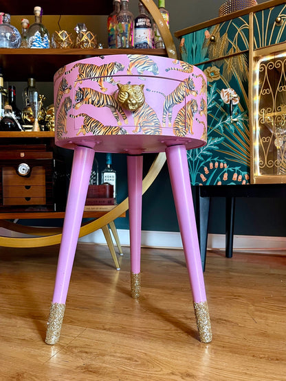Tiger Table - Light Pink round bedside table . Fun Bright Home Decor . Ideal for Nightstand or side table. Taller legs