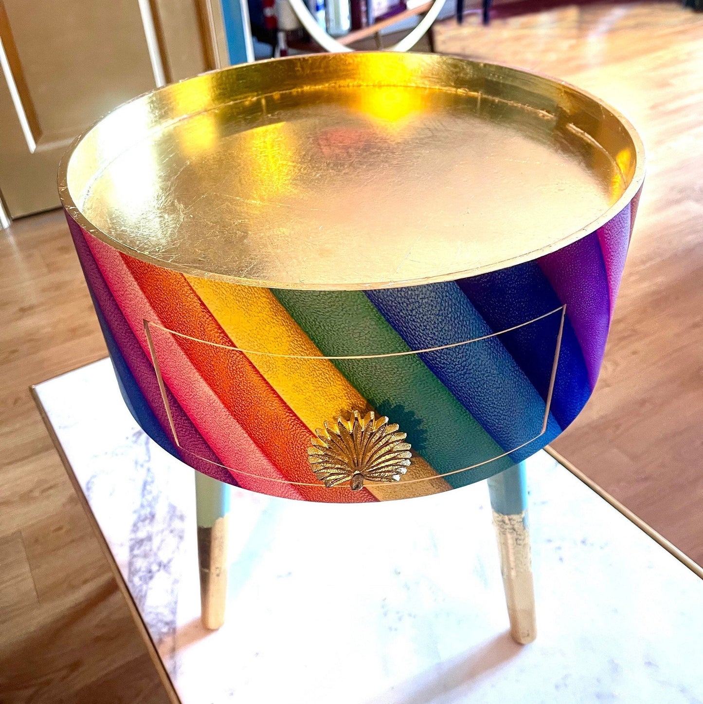 Rainbow stripe side table, Kensington multicoloured round  side table . Multicoloured nightstand, gold leaf bedside table. Mint green legs