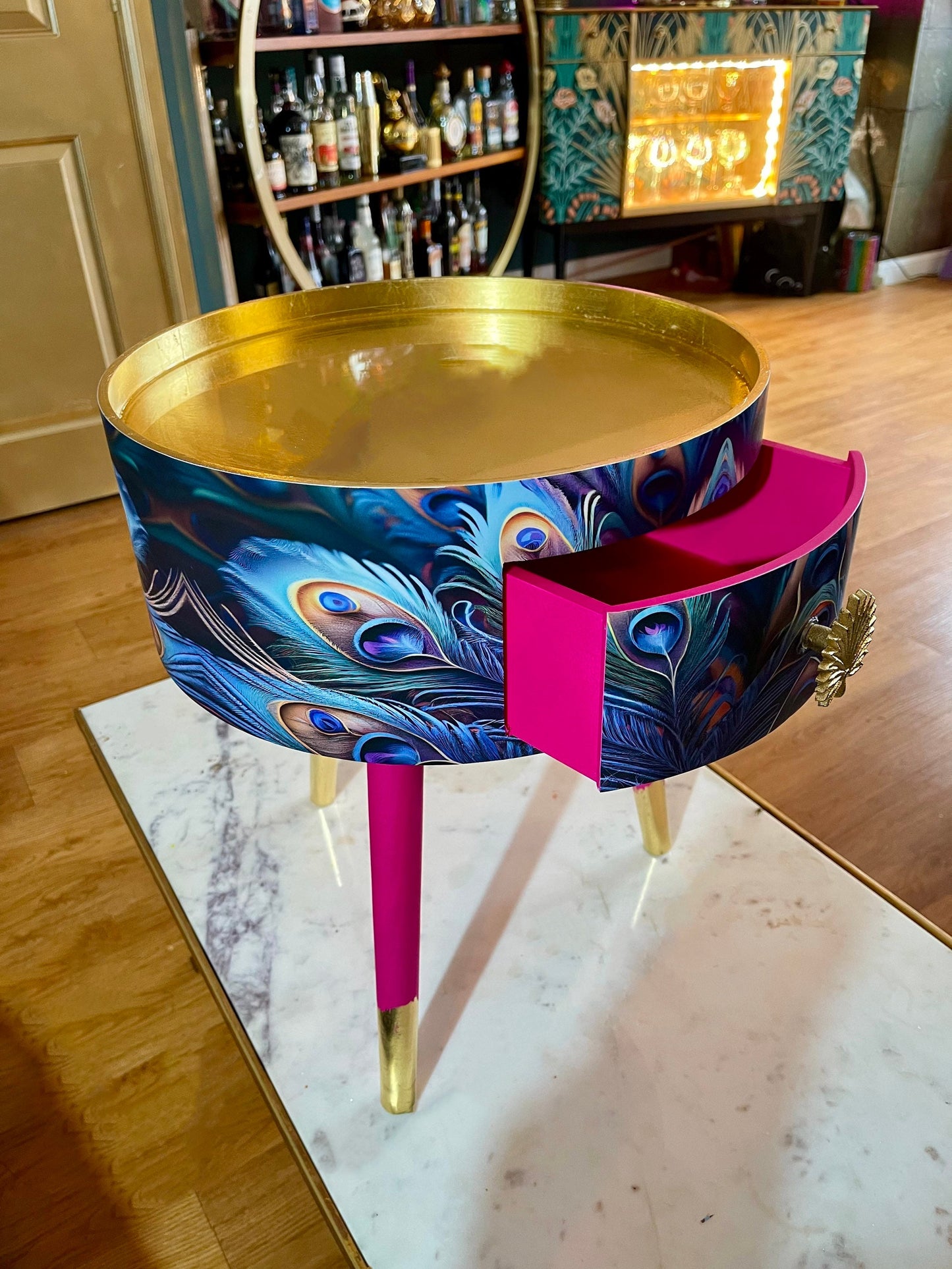 Peacock - Hot Pink , blue, green and teal jewel colours, opulent nightstand, hot pink and navy bedside table, round small table
