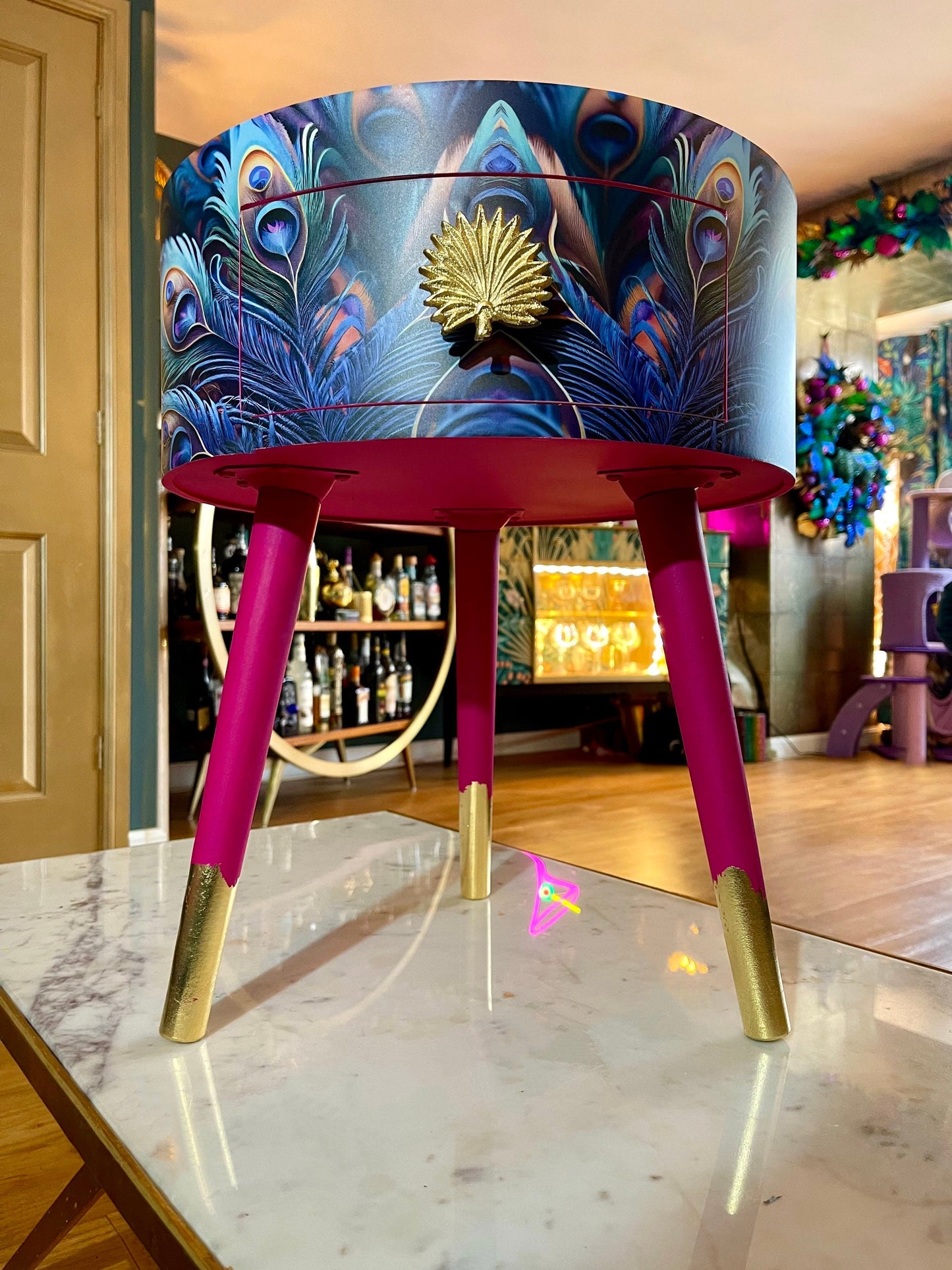 Peacock - Hot Pink , blue, green and teal jewel colours, opulent nightstand, hot pink and navy bedside table, round small table